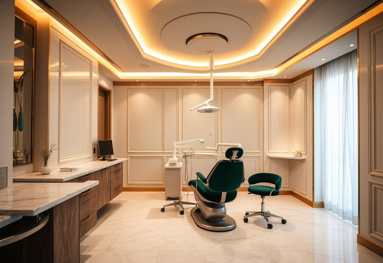 Luxe tandheelkundige kliniek in Turkije met marmeren afwerking en groene fauteuil